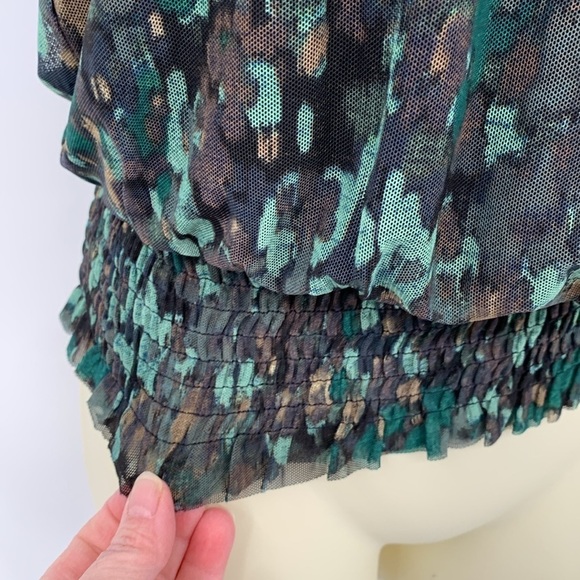 Evereve smocked sleeveless mesh blouse shirt top green faux wrap green brown XS - Picture 2 of 5
